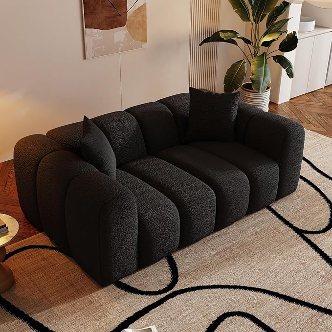 WHGBJA 70" Modern Chenille Fabric Sofa Couch – One-Piece Memory Foam 3-Seater Sofa with Rounded Arms, Soft & Cozy Upholstery for Living Room (Black)