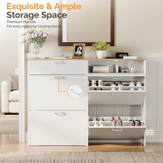 VINGLI Set of 2 Shoe Cabinet Storage for Entryway, Ultra Slim Shoe Organizer with 2 Flip & 1 Drop-Down Drawers, 2-Pack Narrow Shoe Cabinet 24.8" W for Front Door, Freestanding Modern White Shoes Rack