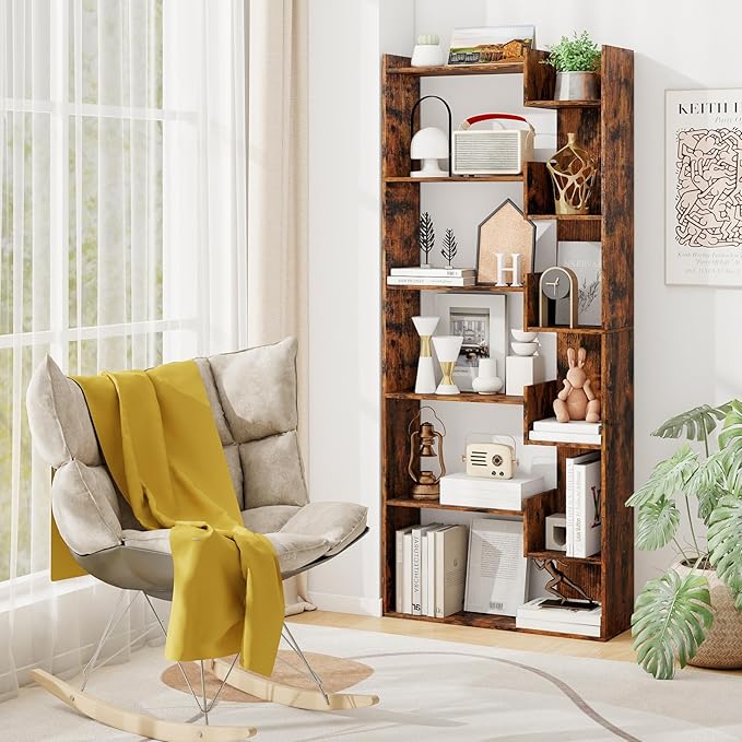 Tangkula 6-Tier Bookshelf, 64”H Tall Open Bookcase with Anti-Tip Kits, Home Office Free-Standing Wood Room Divider Display Shelf, Modern 11-Shelf Storage Rack for Study, Living Room (1, Rustic Brown)