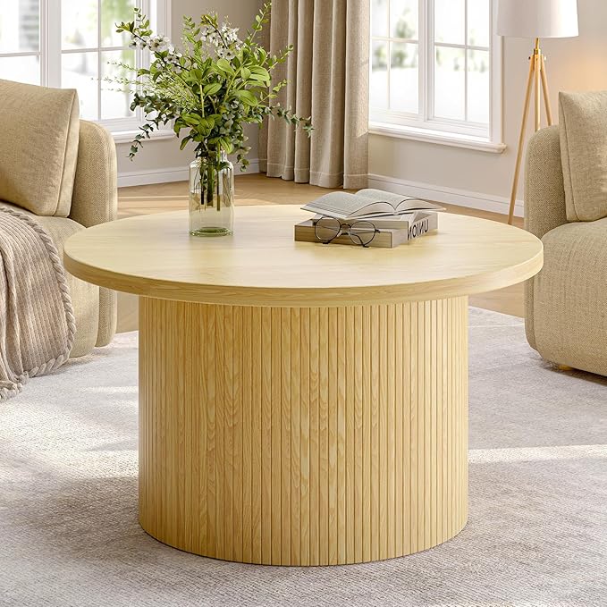 ONBRILL 31.5" Round Coffee Table, Tambour Design Coffee Tables for Living Room, Mid Century Modern Wood Coffee Table, Drum Accent Small Center Table, Oak