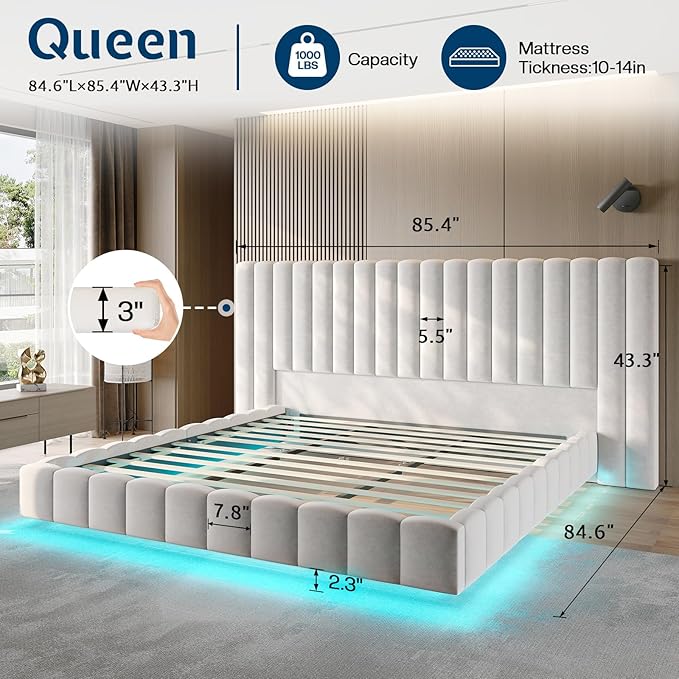 Jocisland Bed Frame Queen Size with 85" Wide Upholstered Headboard, Modern Velvet Floating Platform with LED Lights Underneath, No Box Spring Needed, Cream