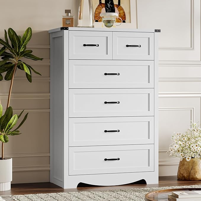 BORNOON Tall 6-Drawer Dresser for Bedroom, Modern Wooden Chest of Drawers with Metal Handles, Anti-Tipping Design, Sturdy and Stable Storage Organizer for Living Room, Entryway, Home Office, Standard