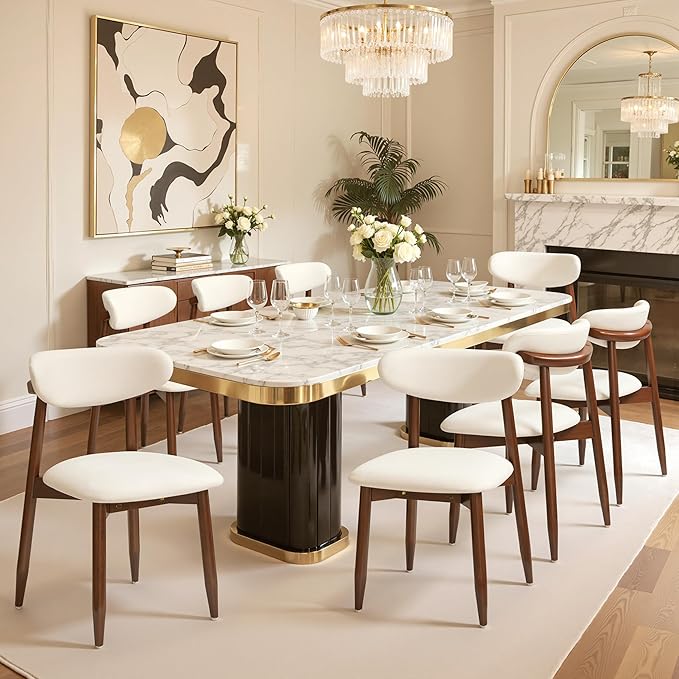 CHUN YI Dining Chairs Set of 8, Upholstered Wooden Dining Room Chairs, Mid Century Modern Fabric Kitchen Chair with Ergonomic Curved Backrest, Beige (Only Chairs)