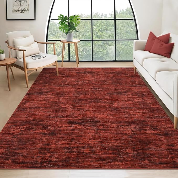 RUGSREAL 8x10 Washable Rug for Living Room Non-Slip Modern Abstract Area Rug Stain Resistant Large Bedroom Rug Contemporary Accent Throw Floor Carpet Solid Rug for Dining Room Home Decor, Red