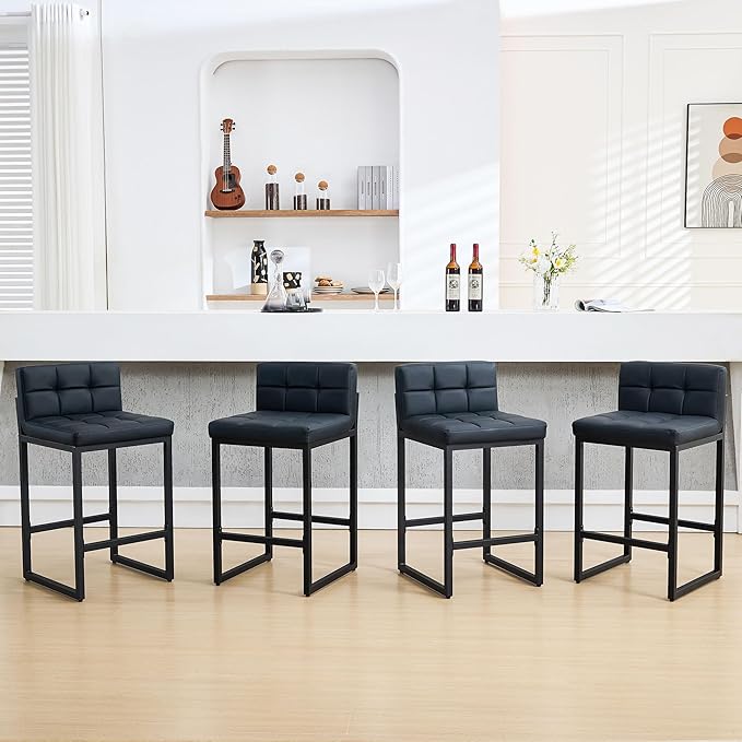 FIRAVOE Bar Stools Set of 4, PU Leather Counter Height Barstools with Low Back and Thickened Metal Legs, 26 Inch Modern Island Chairs for Kitchen Island, Bar, Counter (Black, 4Pcs 26" Counter Stools)