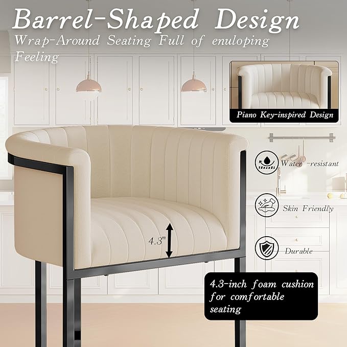 Modern Counter Height Bar Stools,Bar Stools Set of 2,Fabric Upholstered Barrel Barstools with Backs and Arms,26'' Kitchen Island Chairs,Metal Black Frames,Beige White Linen