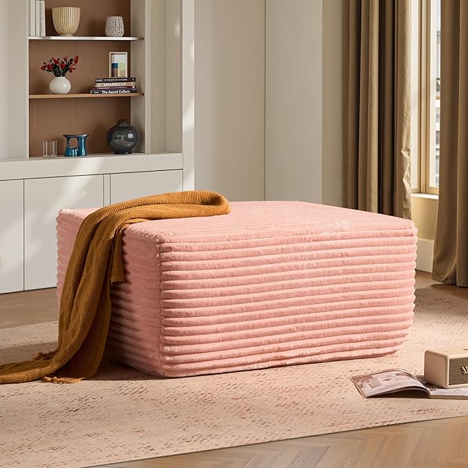 ovios 37" Plush Corduroy Ottoman, Upholstered Cloud Ottoman for Boneless Couch in a Box, Modular Sectional Couches for Living Room Bedroom, Compressed Memory Foam, No Assembly Require, Pink