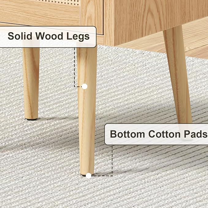 MECHYIN Night Stand Set 2, Nightstands Set of 2 with Charging Station, Rattan Side Tables with Solid Wood Legs, Boho Bedside End Table for Apartment Bedroom Dorm Small Space - Natural