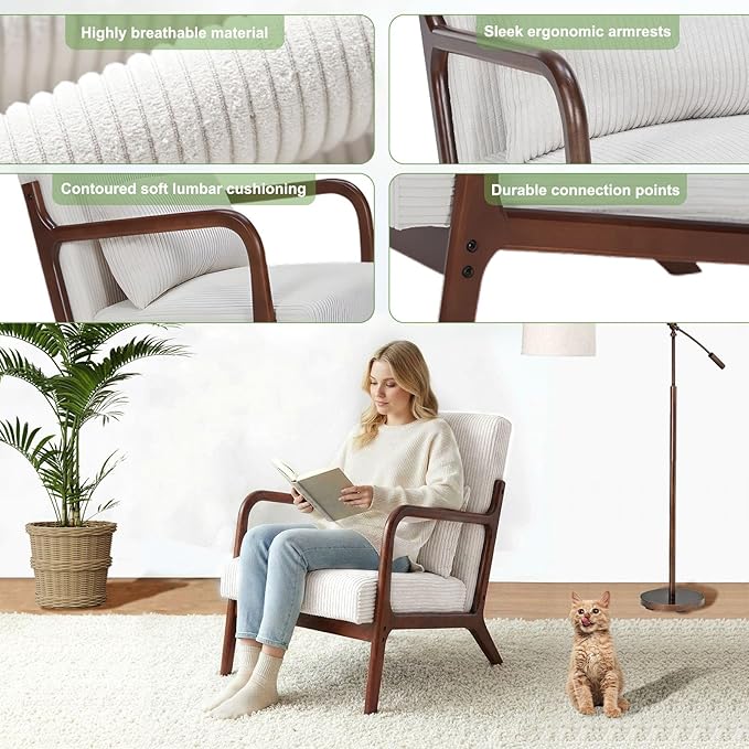 Set of 2 Mid Century Modern Accent Chair with Solid Rubberwood Frame, Comfy Corduroy Reading Armchair with Lumbar Pillow, Compact Lounge Chair for Bedroom, Living Room & Small Spaces