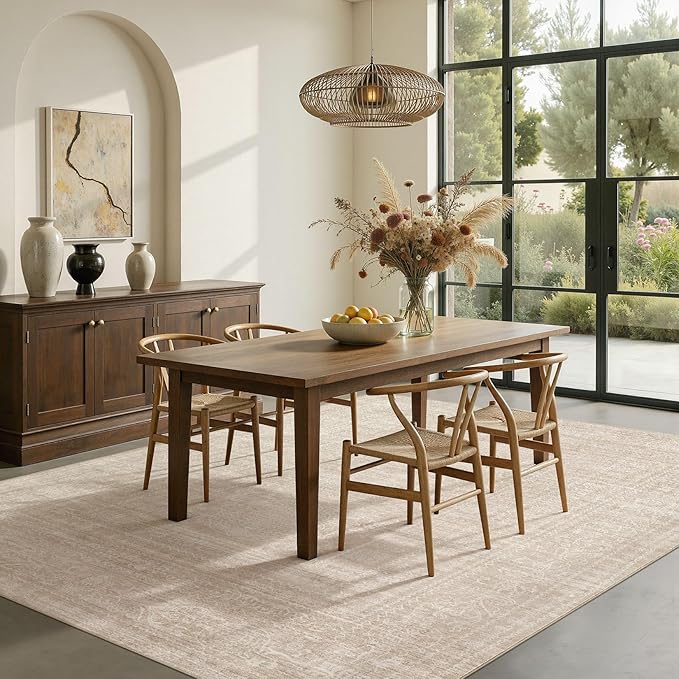 Nakagishi 8x10 Area Rugs Living Room: Washable Large Vintage Beige Rug Neutral Non-Slip Soft Stain Resistant Indoor Carpet for Bedroom Nursery Dining Room Under Table Bed Home House Office Playroom