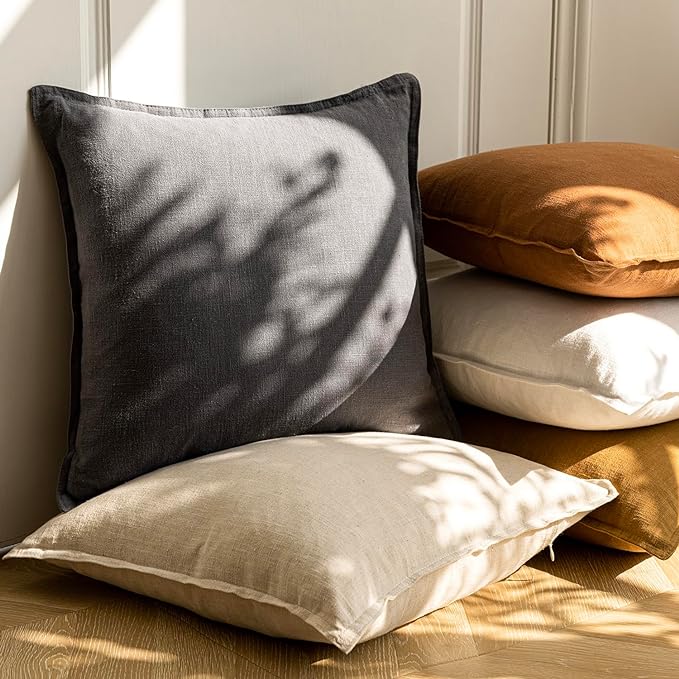 Foindtower Pack of 2, Decorative Linen Soild Throw Pillow Covers Soft Accent Cushion Case Boho Farmhouse Neutral Pillowcase for Couch Sofa Bedroom Living Room Home Decor 26 x 26 Inch Natural Beige