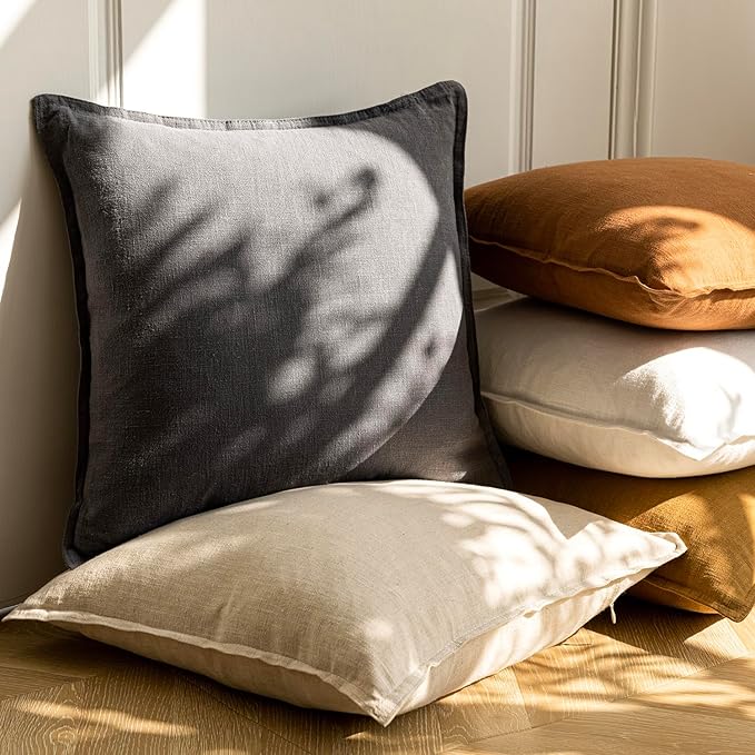 Foindtower Pack of 2, Decorative Linen Soild Throw Pillow Covers Soft Accent Cushion Case Boho Farmhouse Neutral Pillowcase for Couch Sofa Bedroom Living Room Home Decor 16 x 16 Inch Natural Beige