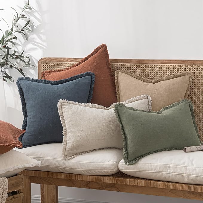MIULEE Decorative Throw Pillow Covers Neutral Linen Fringe Throw Pillows Euro Shams Set of 2 Camel Boho Farmhouse Cushion Covers for Couch Sofa Bed Living Room Spring Home Decor 26x26 Inch