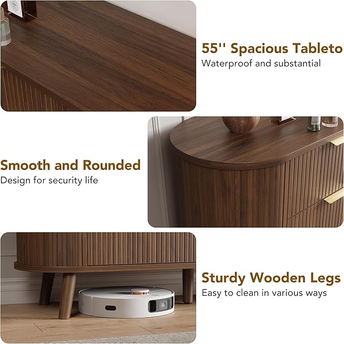 Decofy Fluted 6 Drawers Dresser, 55'' Wide Mid Century Modern Chest of Drawers with Sliding Door & Metal Handles, Curved Profile & Sturdy Legs, Wood TV Stand for Bedroom, Living Room (Walnut)