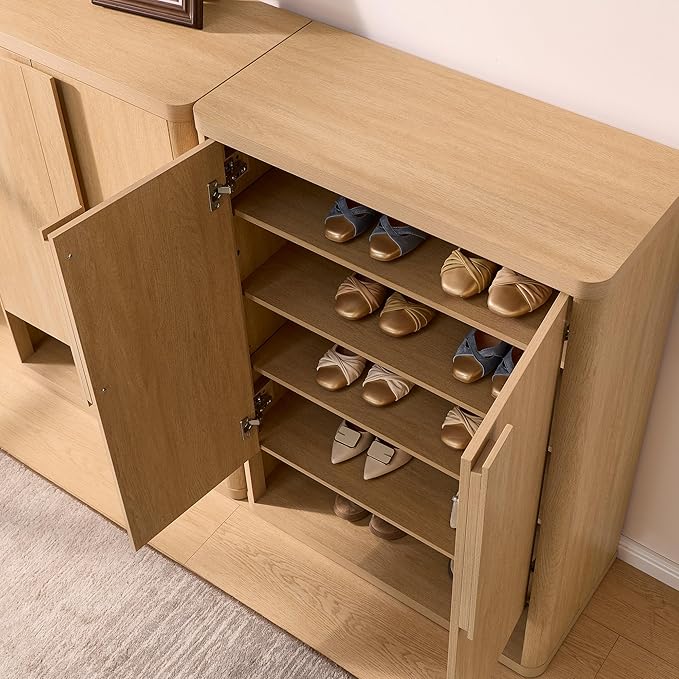 Shoe Cabinet 44" Tall Large Shoe Storage Organizer Modern Shoe Rack with Doors & 4 Shelves Minimalist Freestanding 5-Tier Shoe Storage Cabinet for Entryway Hallway Living Room, Natural, 1PC