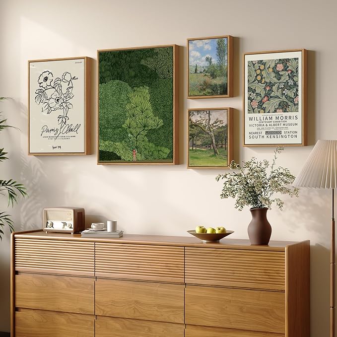 Large Framed Green Wall Art Set of 5, Vintage William Morris Floral Botanical Canvas Prints, Nature Gallery Wall Decor for Living Room Bedroom Hallway Home Office