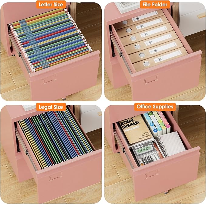 METAN 2 Drawer Metal File Cabinet with Lock, Mobile Rolling Filing Cabinet for Home Office, Under Desk Storage Holds Letter & Legal Size, Anti-Tilt, 17.32"D x 14.56"W x 25.6"H, Pink, Assembly Required