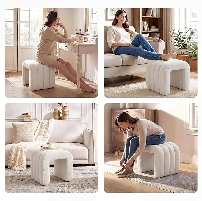 White Teddy Fleece Tufted Ottoman Stool Set of 2, Small Arch Footrest for Couch, Modern Vanity Stool for Makeup Room, Living Room, Entryway, 15.4 x 19.3 x 17.9 Inches, 260lb Capacity