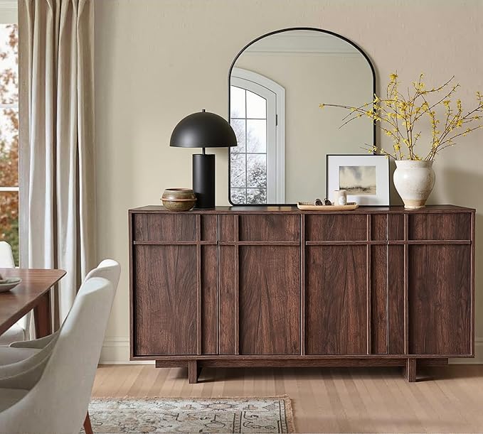 Sideboard Buffet Cabinet with Storage, Mid Century Modern Accent Cabinet with Skeleton Line & Wood Grain Texture, 63" Minimalist Credenza for Living Room Kitchen Dining Room Entryway, Walnut
