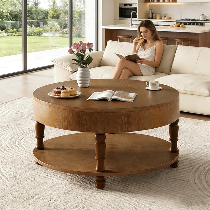 31.5" Round Coffee Table with Storage, 2 Tier Modern Center Table, Adjustable Leveling Feet, Easy Assembly, Wood Coffee Table for Living Room, Apartment, Small Space. (Walnut)