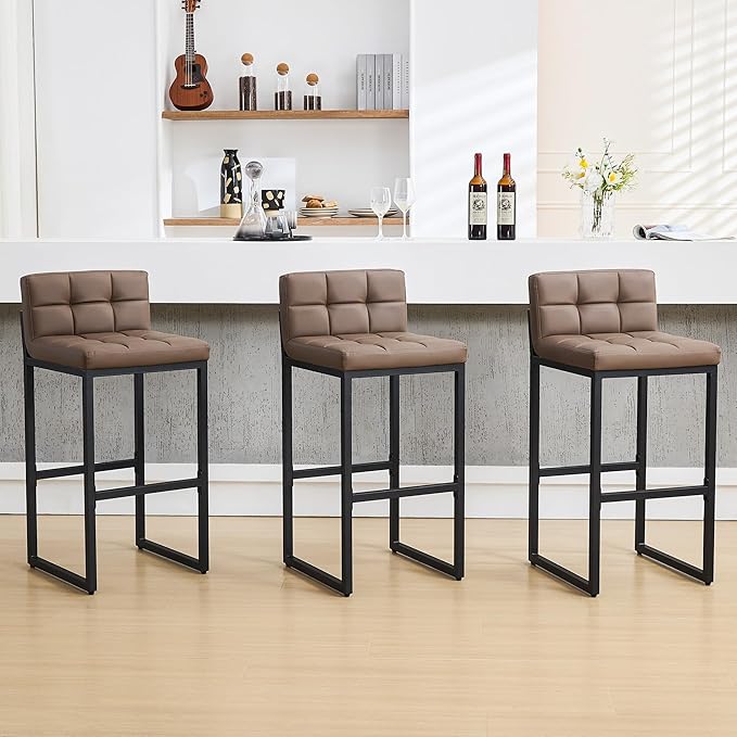 FIRAVOE Set of 3 Bar Stools with Back, Modern Bar Height Barstools with Thickened Metal Legs, 30" Faux Leather Counter Chairs for Kitchen Island, Bar, Counter (Coffee Brown, 3Pcs 30" Bar Stools)