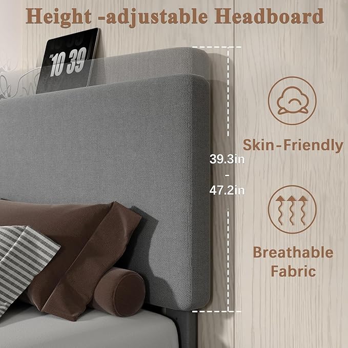 VECELO Full Size Bed Frame with Charging Station, Type-C & USB Ports, Upholstered Platform Design, No Box Spring Needed, Noise Free, Easy Assembly, Dark Grey