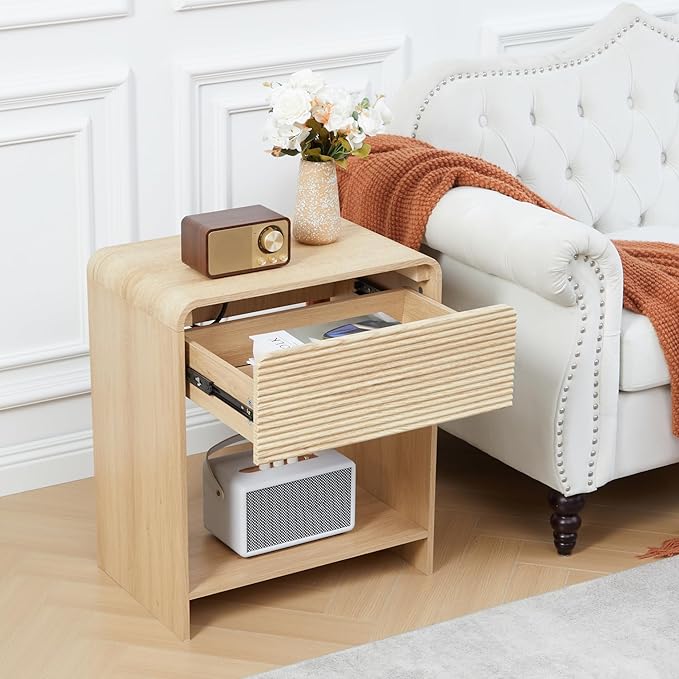 XUZENEST Fluted Nightstand Set of 2 with Charging Station, Modern Bed Side Table End Table with Drawer Storage, Large Wooden Night Stands Bedside for Bedroom Living Room Sofa Office, Natural 2 Sets