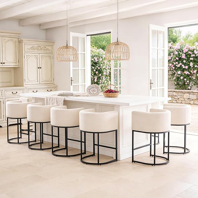 ClinQ 26" H Counter Height Bar Stools Set of 1, Modern Barrel Counter Stools with Backrest and Arms, Black Metal Frames, Linen Fabric Upholstered Accent Barstools for Kitchen Island, Beige