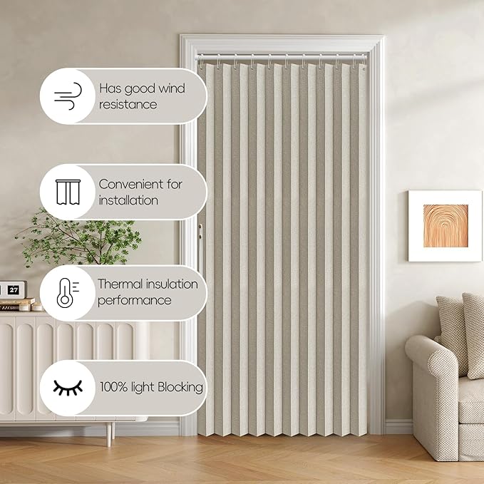 Jilron Accordian Door Curtain, 100% Blackout Folding Magnetic Doorway Curtains,Linen Style Closet Doors,for Room Divider,Privacy Protection（W52 x L78,Off White,1 Panel）