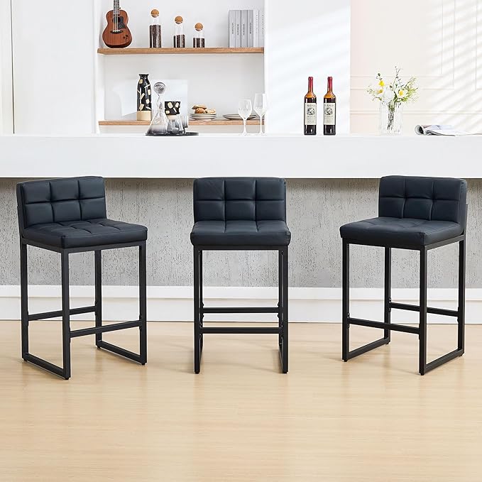 FIRAVOE Bar Stools Set of 3, Upholstered Faux Leather Counter Height Barstools with Low Back and Thickened Metal Legs, Modern Bar Chairs for Kitchen Island, Bar (Black, 3Pcs 26" Counter Stools)