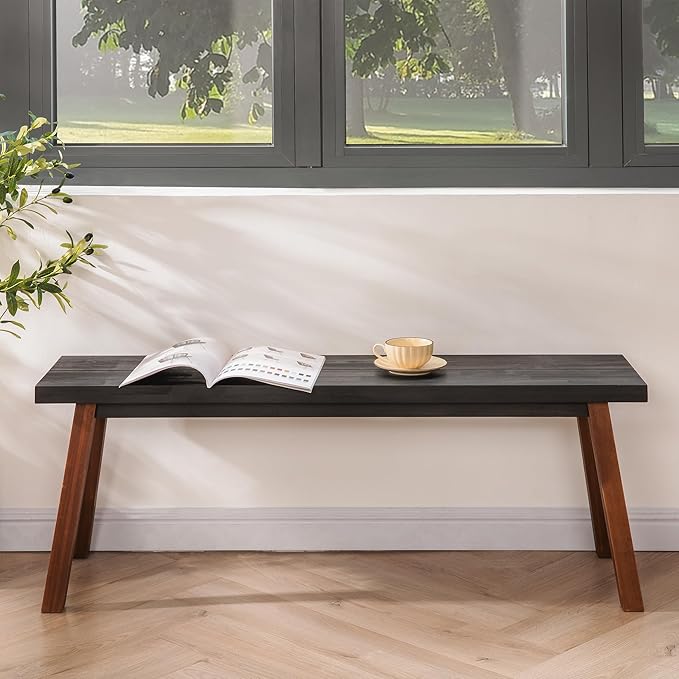 VICTORY RELAX Solid Wood Bench - Minimalist Design, Acacia Wood Construction, Black Mix Brown Color, Versatile for Entryway, Living Room, Bedroom & Outdoors, Easy Assembly & Weather-Resistant