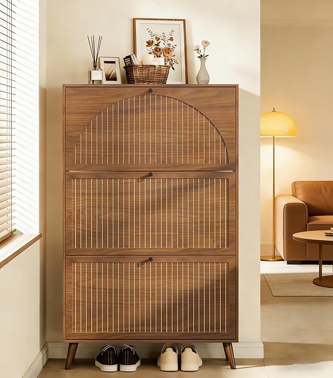 Fsbecl Shoe Storage Cabinet for Entryway with 3 Flip Drawers, Narrow Shoe Organizer with Fluted Panel, Freestanding Wood Hidden Shoe Cabinet for Hallway(Walnut, 31.4''W, Double Layer)