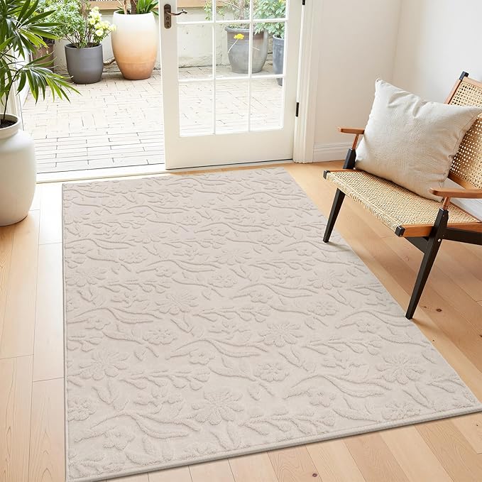 Vaukki 3x5 Area Rug for Living Room, Soft Fluffy Washable Modern Floral Indoor Floor Mat, Non Slip Shaggy Boho Accent Throw Carpet for Bedroom, Living Room, Nursery and Dining Room, Beige