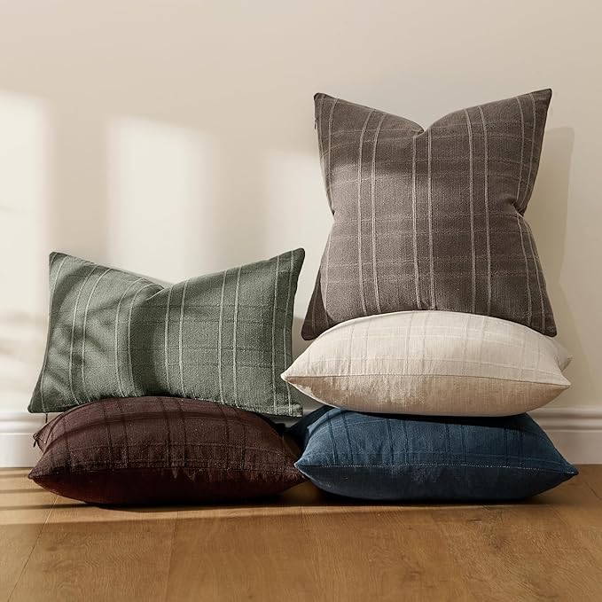 MIULEE Decorative Linen Check Euro Shams Throw Pillow Covers Neutral Farmhouse Vintage Pillow Covers 24x24 Set of 2 Boho Modern Winter Home Decor for Sofa Couch Bedroom Cushion Dark Brown