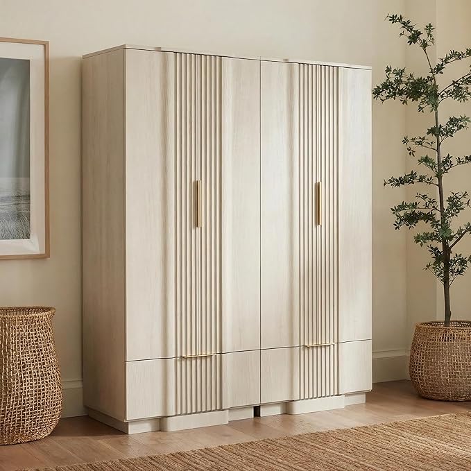Brafab 67" Fluted Armoire Wardrobe Closet with Drawers and Doors, Wooden Wardrobe Cabinet with Adjustable Shelves, Modern Storage for Clothes, Wardrobe Wall for Bedroom, White(3 pcs)