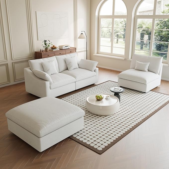 Modular Sectional Sofa Cloud Couch, 119.29" L Shaped Couch with Chaise Ottoman, Linen Blend Fabric Minimalist Deep Seat Couches for Living Room, Sofa Covers Washable&Removable, White