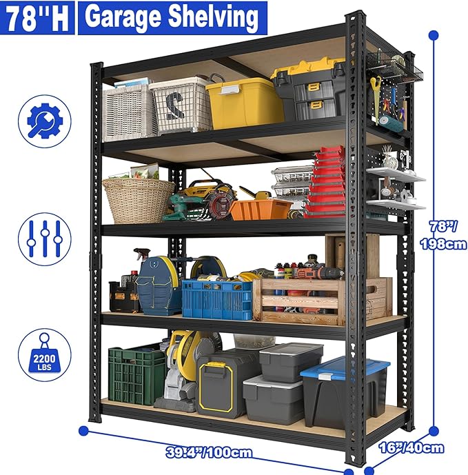 40''W Garage Storage Shelves, Storage Racks Shelving Units, Storage Shelves Heavy Duty, Adjustable Metal Shelves with 2 Pegboards for Basement, Warehouse, Pantry, Closet, Kitchen, 2200 LBS