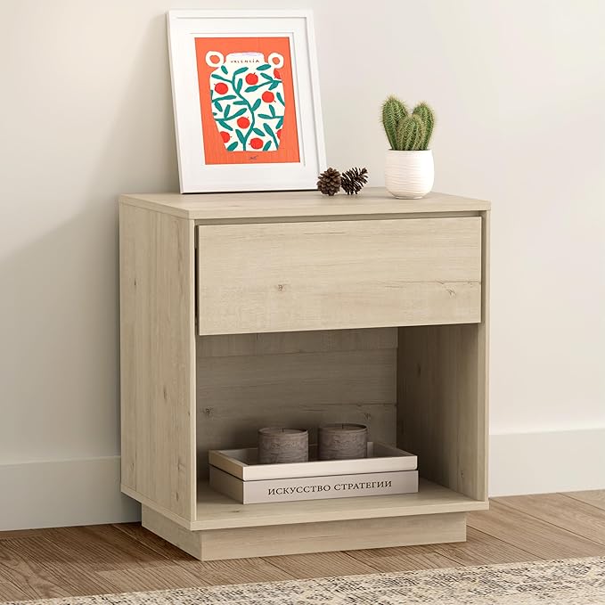 EYYTHUNG Modern Nightstand, Wood End Side Table with Storage and Open Shelf, Farmhouse Accent Night Stand Bedside Table for Bedroom, Light Oak