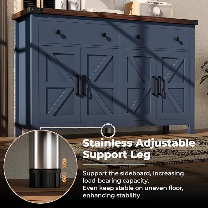 VVFLU 55'' Buffet Cabinet with Storage, Farmhouse Kitchen Storage Cabinet with 4 Doors and 2 Drawers, Coffee Bar Buffet Sideboard for Kitchen, Dining Room, Living Room, Blue Wood