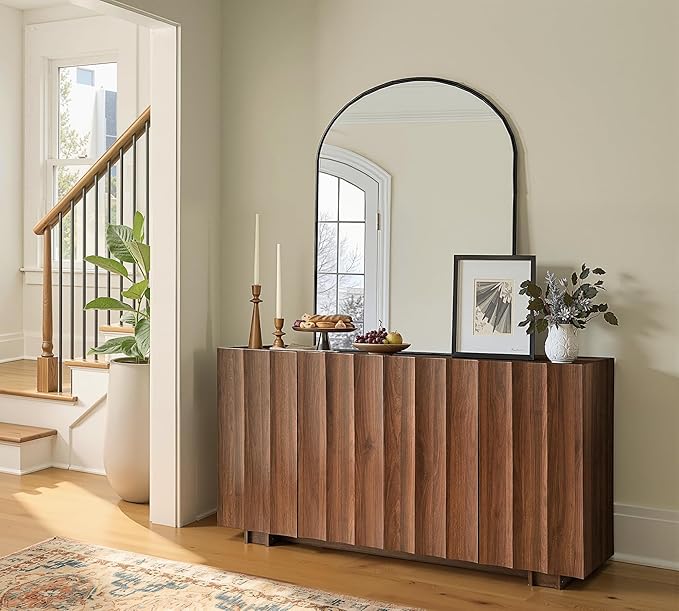 win2win Buffet Cabinet with Storage, Mid Century Modern Sideboard with Wave Design, Wood Grain Finish, Credenza with Adjustable Shelves, Modular Cabinets for Living Dining Room Hallway, Walnut