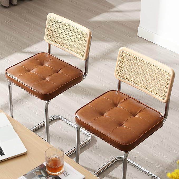 Zesthouse Natural Rattan Bar Stools Set of 4, Modern Counter Height Stools with Solid Wood Back, 26'' Counter Height Chairs, Mid Century Cantilevered Bar Chairs for Kitchen Island, Faux Leather Brown