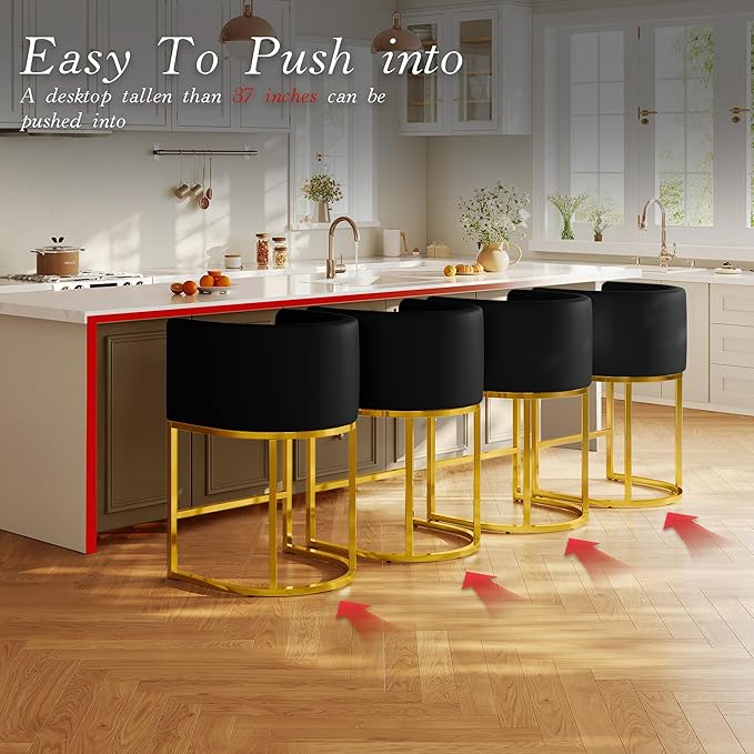Modern Counter Height Bar Stools,Bar Stools Set of 4,PU Leather Upholstered Barrel Barstools with Backs,26'' Kitchen Island Chairs,Metal Gold Frames,Black Leather