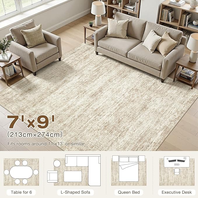cotiled Large Area Rugs for Living Room 7x9, Machine Washable Rugs with Non Slip Backing Modern Neutral Abstract Rugs Stain Resistant Distressed Carpets for Home Office Decor (7x9 Beige/Brown)