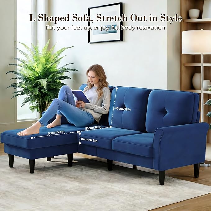 Welzona Sectional Couches for Living Room, 83" Velvet Modern 3 Seater Sofa, L Shaped Couch with Ottoman, Small Sectional Couch Sofas for Living Room, Bedroom, Apartment, Office, Blue Sofa