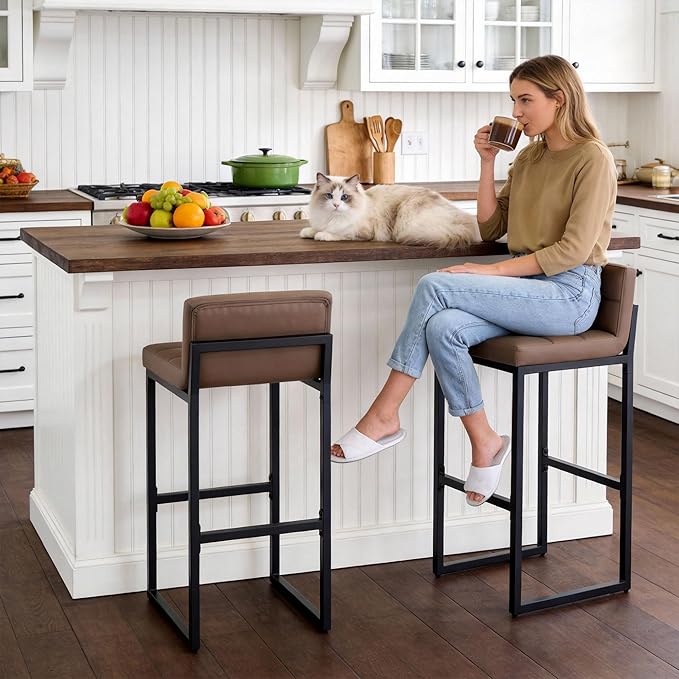 FIRAVOE Set of 2 Barstools, Counter Height Bar Stools with Back, Faux Leather, Thickened Metal Legs, 30-inch Island Chairs for Kitchen Island, Bar, Counter (Coffee Brown, 2Pcs 30" Bar Stools)