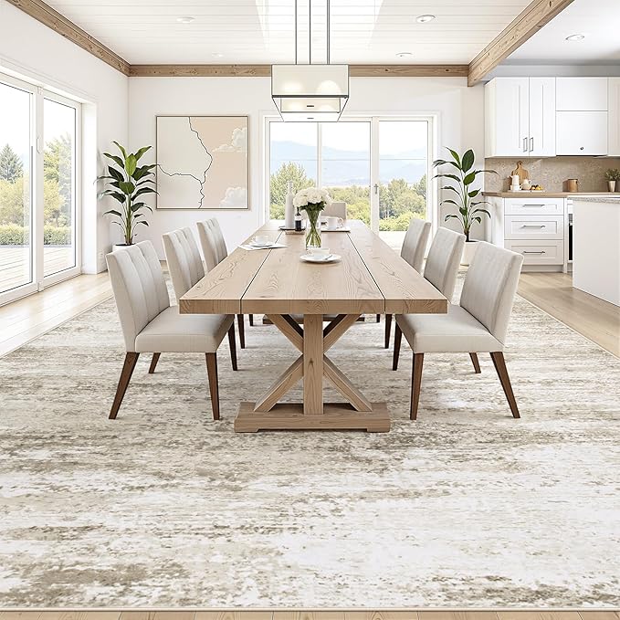 Washable Rug 10x14 Area Rugs for Living Room: Large Neutral Soft Rug Abstract Non Slip Low Pile Modern Carpet for Bedroom Kitchen Nursery Office Dining Room Indoor (Beige, 10'x14')