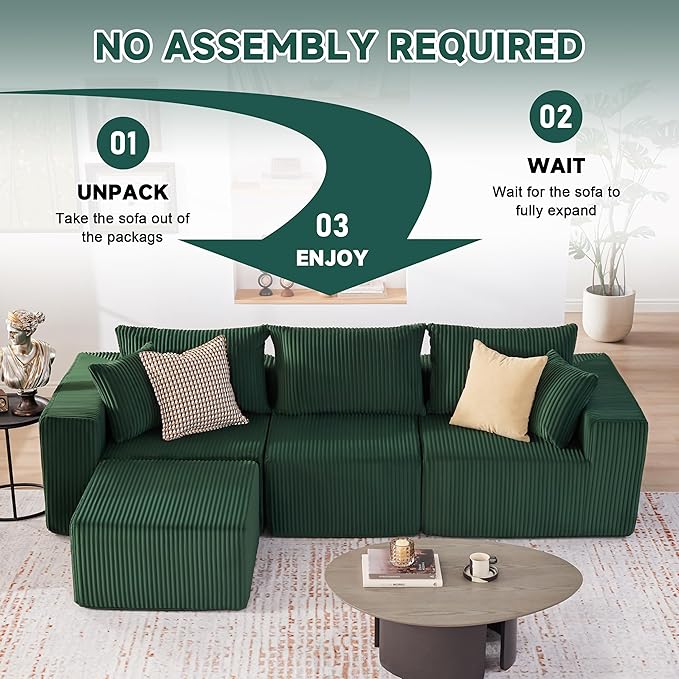 Weture 107.4" Cloud Couch Sectional, Modular Sofa with Deep Seat, Plush Corduroy L Shaped Boneless Couch, Convertible Sectional Couches for Living Room, 4Seat, Green