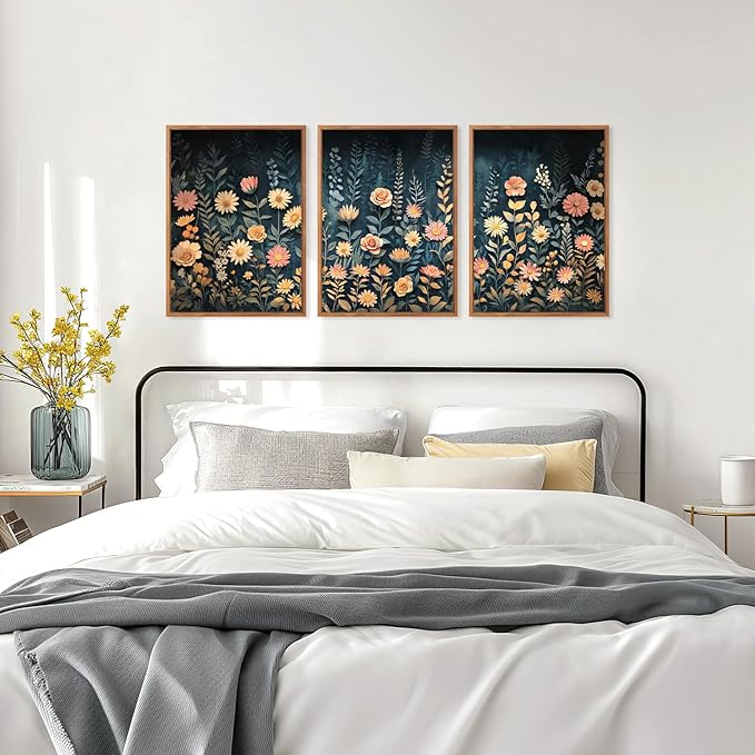 HPNIUB Modern Dark Wildflower Framed Canvas Wall Art Set,Minimalist Nature Jungle Botanical Landscape Wall Decor, (12x16 Inch) Farmhouse Painting for Living Room, Bedroom, Office