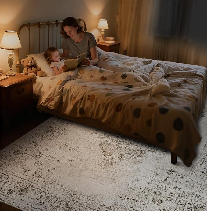 8x10 Area Rugs for Living Room: Washable Vintage Large Retro Rug Soft Non-Slip Indoor Low Pile Carpet for Bedroom Dining Room Office (Taupe, 8' x 10')