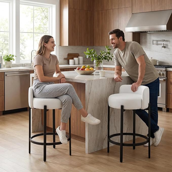 LukeAlon Modern PU Leather Counter Stools Set of 2, Upholstered 26" Seat Height Barstools with Black Metal Legs Round Low Back Kitchen Stools with Footrest for Dining Room Small Places, Cream White